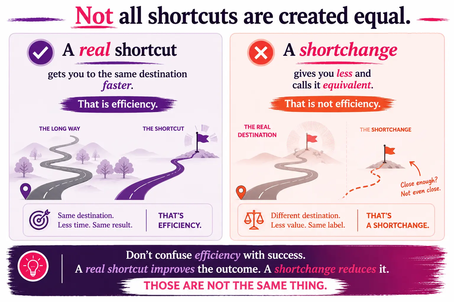 Not all shortcuts are created equal. A real shortcut gets you to the same destination faster — that is efficiency. A shortchange gives you less and calls it equivalent — that is not efficiency. Don't confuse efficiency with success. A real shortcut improves the outcome. A shortchange reduces it. Those are not the same thing.