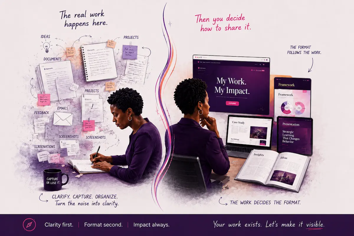 Left: a woman surrounded by scattered notes, documents, and ideas, captioned 'The real work happens here. Clarify. Capture. Organize.' Right: the same woman at a desk with a finished website, case study, and presentation formats on screen, captioned 'Then you decide how to share it. The work decides the format.'