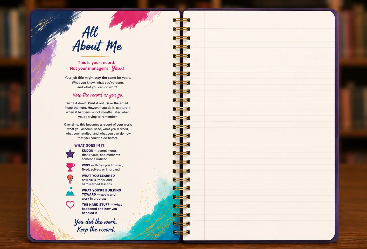 An open spiral notebook titled All About Me, with a printed page explaining what to keep track of, facing a blank ruled page.