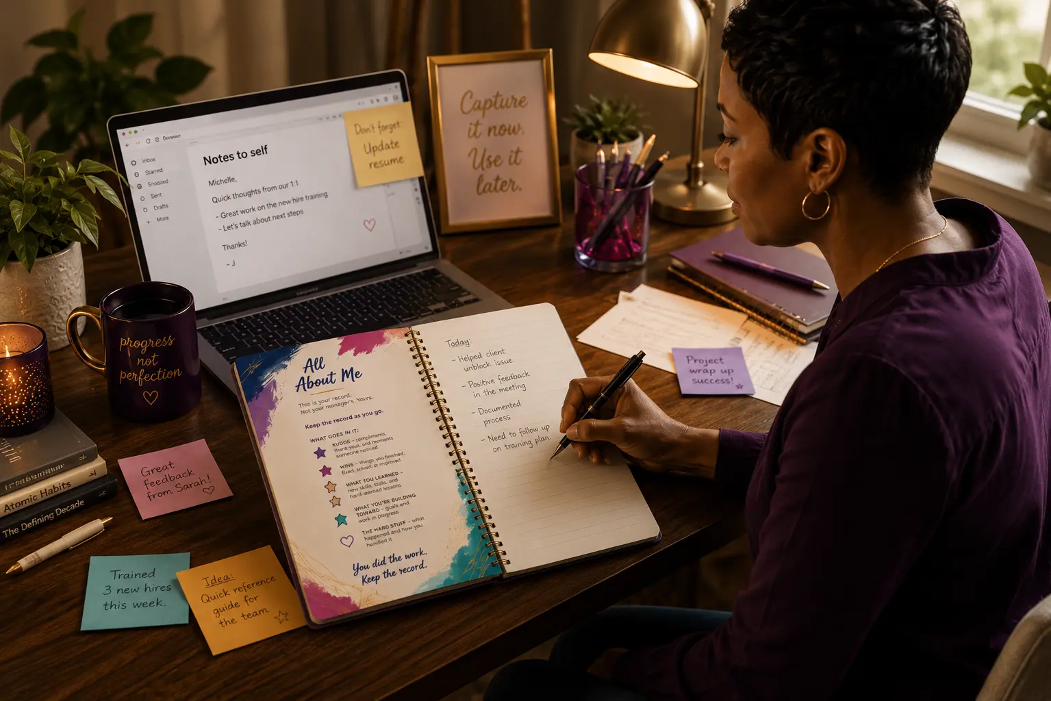 A person at a desk at night, writing in an open notebook labeled All About Me, surrounded by sticky notes, a kudos email on a laptop screen, and a mug that reads progress not perfection.