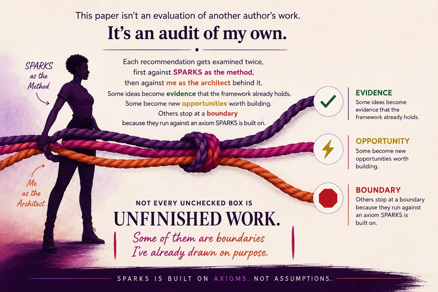 Illustration of a woman holding a three-strand rope, plum for SPARKS as the method, coral for me as the architect, knotted together and splitting into three paths: evidence, opportunity, and boundary. Caption reads: This paper isn't an evaluation of another author's work. It's an audit of my own. Each recommendation gets examined twice, first against SPARKS as the method, then against me as the architect behind it. Some ideas become evidence that the framework already holds. Some become new opportunities worth building. Others stop at a boundary because they run against an axiom SPARKS is built on. Not every unchecked box is unfinished work. Some of them are boundaries I've already drawn on purpose. SPARKS is built on axioms, not assumptions.